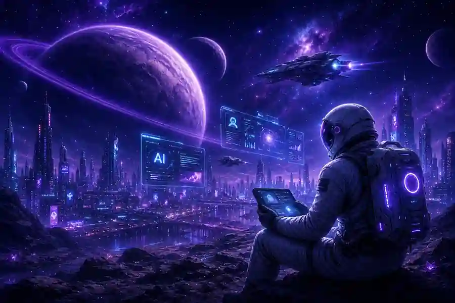 Astronaut overlooking a neon futuristic cityscape with holographic AI displays, ringed planets, and a purple galaxy sky