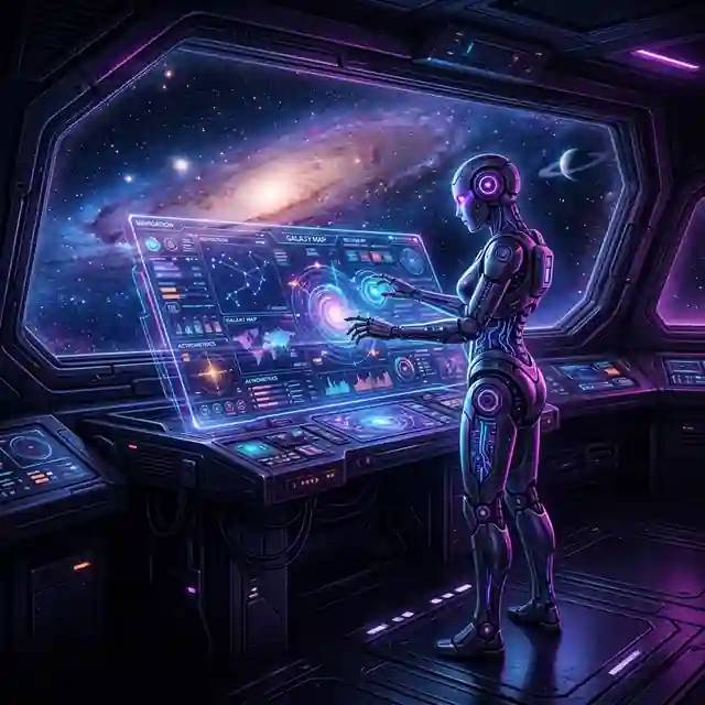 Futuristic humanoid robot operating a holographic galaxy map dashboard on a spaceship bridge overlooking a spiral galaxy